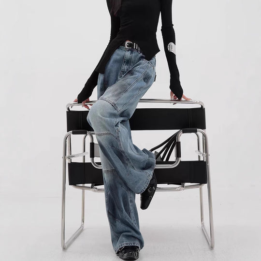 Damen Bequeme weite Jeans mit modischen Steppnähten EB