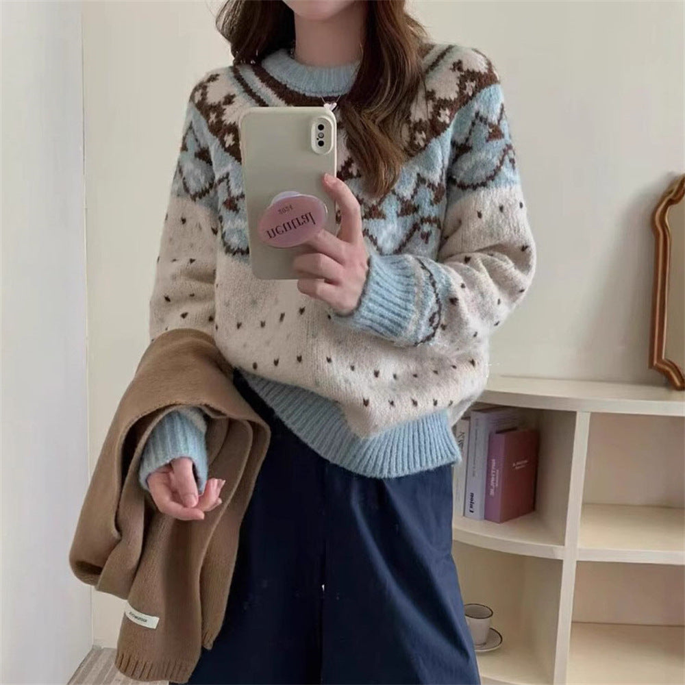 Damen Strickpullover mit grafischem Norweger-Muster und hohem Rundhalsausschnitt EB
