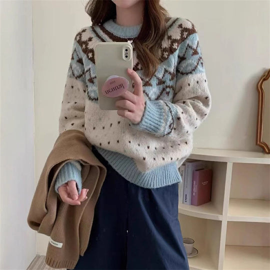 Damen Strickpullover mit grafischem Norweger-Muster und hohem Rundhalsausschnitt EB