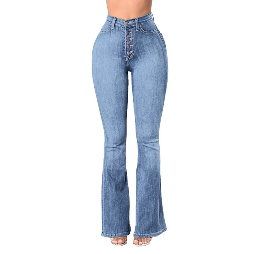 Damen nan hochgeschnittene Bootcut-Jeans mit sichtbarer Knopfleiste, figurformendem Stretch und schlankem Oberschenkel EB