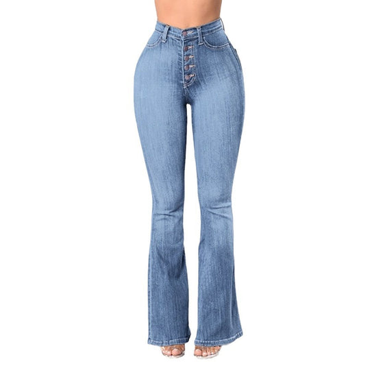 Damen nan hochgeschnittene Bootcut-Jeans mit sichtbarer Knopfleiste, figurformendem Stretch und schlankem Oberschenkel EB