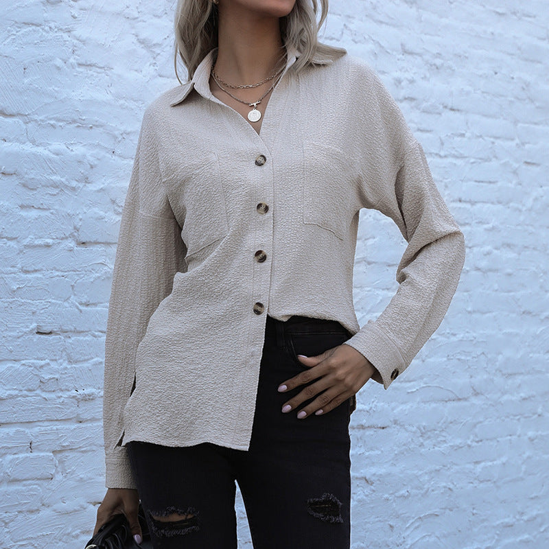 Damen Strukturierte Oversize-Hemdbluse mit Brusttaschen und Knopfleiste EB