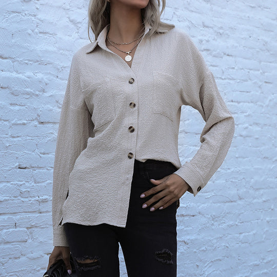 Damen Strukturierte Oversize-Hemdbluse mit Brusttaschen und Knopfleiste EB