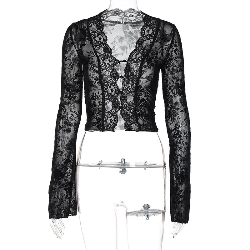 Damen Transparente Spitzenbluse mit Leopardenmuster EB