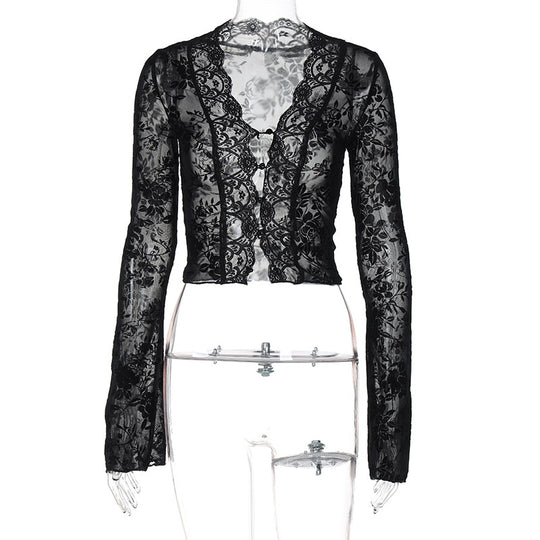 Damen Transparente Spitzenbluse mit Leopardenmuster EB
