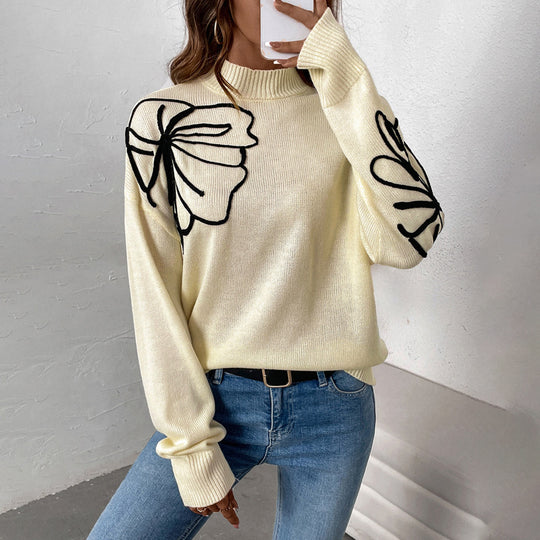 Damen Strickpullover mit floralem Design und hohem Kragen EB