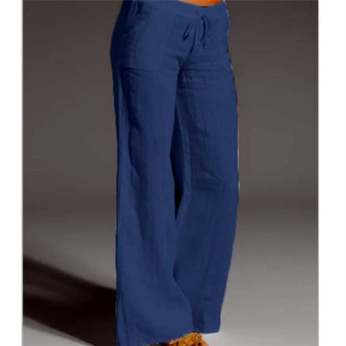 Damen weite Leinenhose mit hochgezogenem Bund und seitlichen Taschen EB
