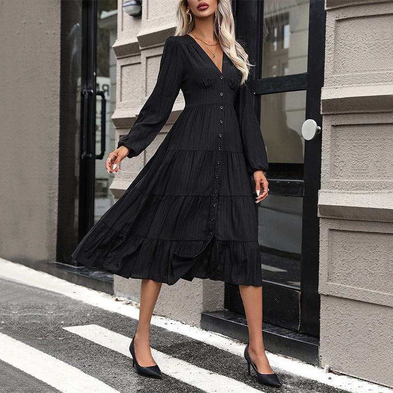 Damen Midi-Kleid mit brillantem V-Ausschnitt und eleganter Knopfleiste EB