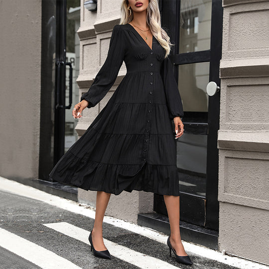 Damen Midi-Kleid mit brillantem V-Ausschnitt und eleganter Knopfleiste EB