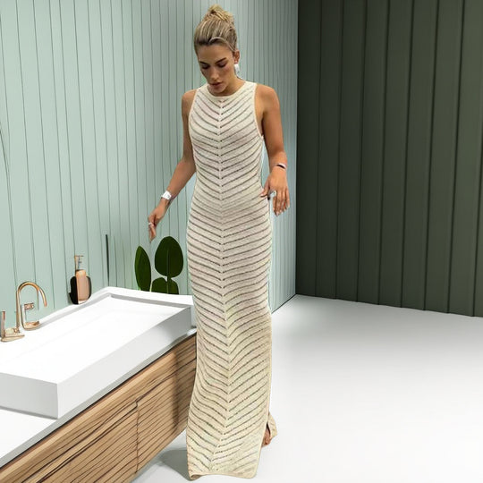 Damen Elegantes Maxikleid mit raffiniertem Strukturmuster und hohem Schlitz EB