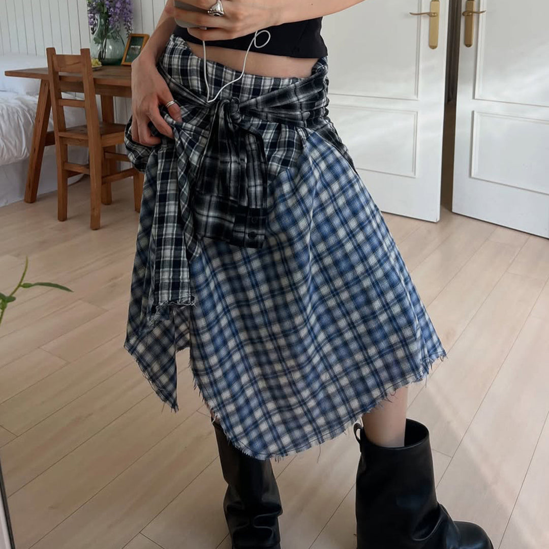 Damen asymmetrischer karierter Rock mit Bindegürtel EB