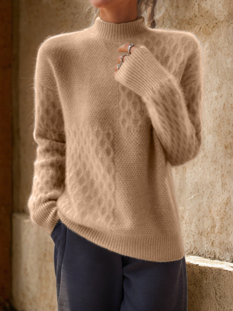 Damen nan lässiger Mohair-Mix Feinstrickpullover mit Strukturmix, Stehkragen und überschnittenen Schultern EB