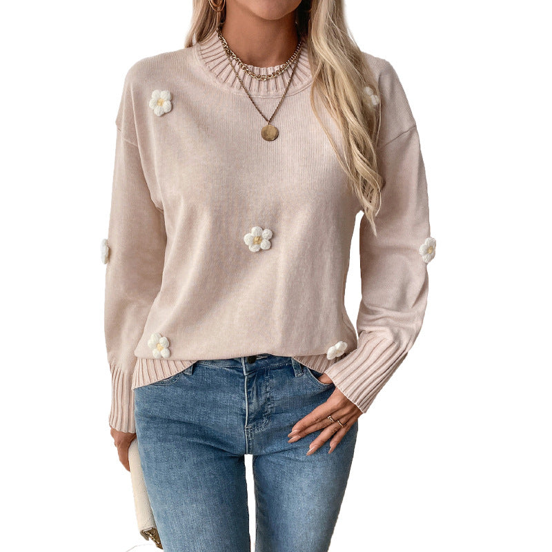 Damen Strickpullover mit zarten Blumenapplikationen EB
