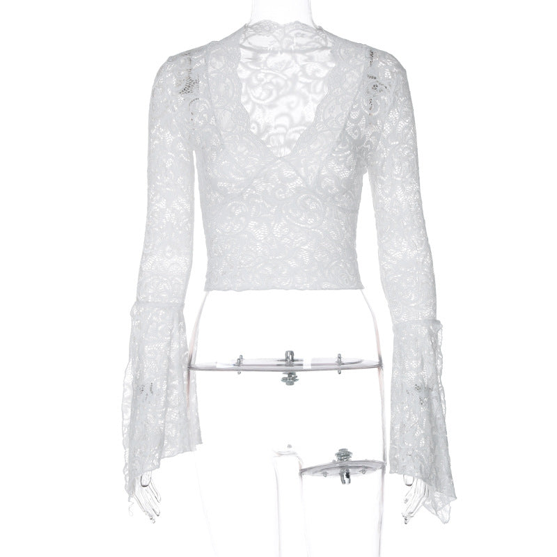 Damen Spitzenbluse mit voluminösen Glockenärmeln und V-Ausschnitt EB