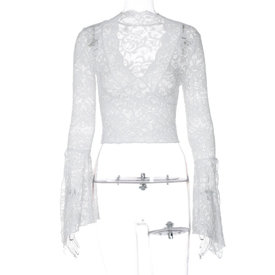 Damen Spitzenbluse mit voluminösen Glockenärmeln und V-Ausschnitt EB