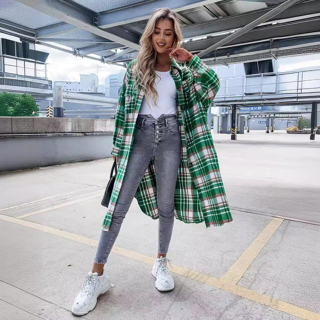 Damen lässige Karo-Hemdjacke mit asymmetrischem Schnitt und Taschen EB