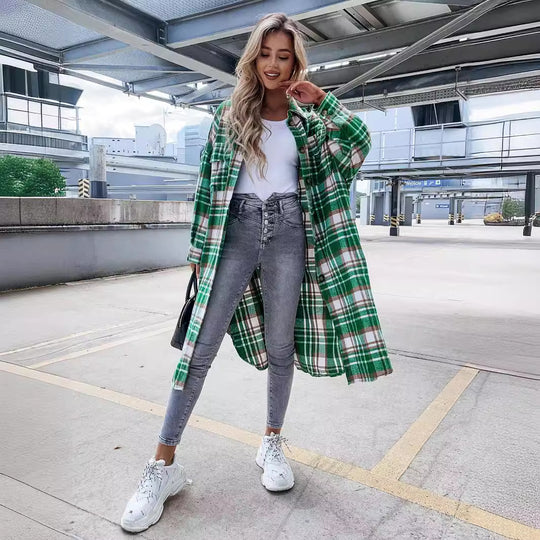 Damen lässige Karo-Hemdjacke mit asymmetrischem Schnitt und Taschen EB