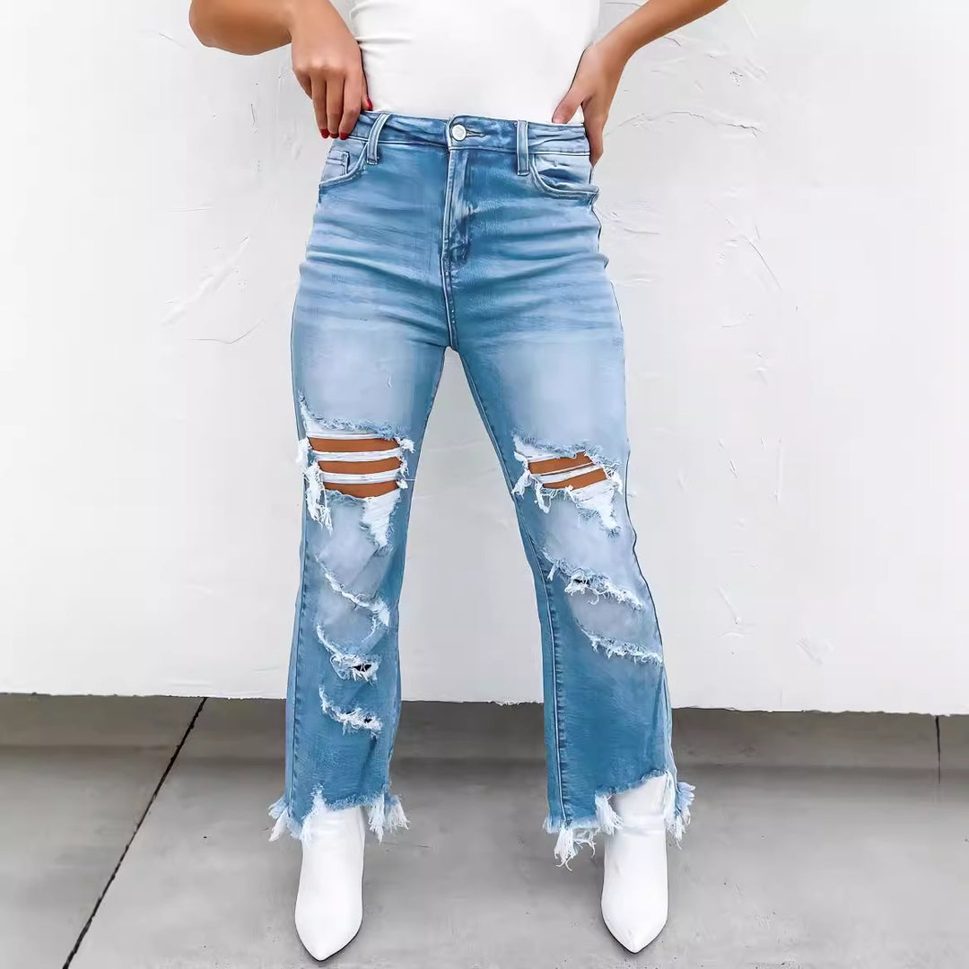 Damen Flared Jeans mit modischen Destroyed-Details und hoch geschnittenem Bund EB