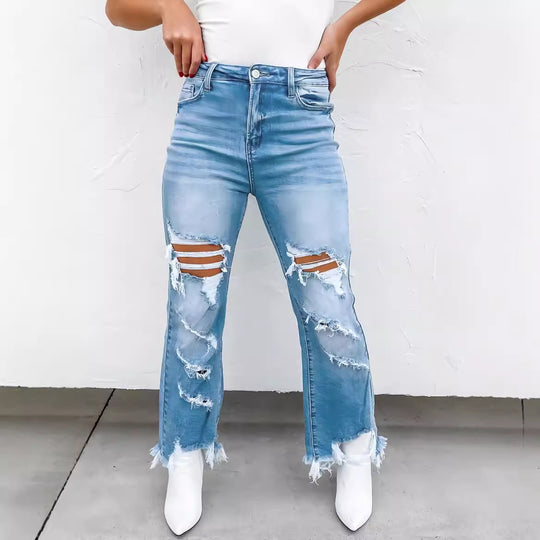 Damen Flared Jeans mit modischen Destroyed-Details und hoch geschnittenem Bund EB