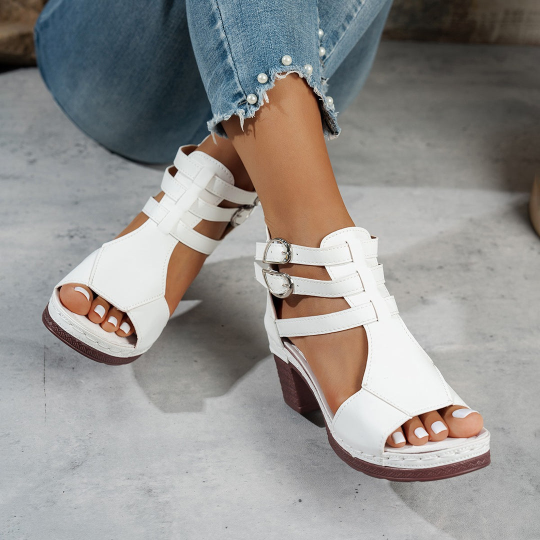 Damen Offene Riemensandalen mit Blockabsatz und Doppel-Schnallen EB