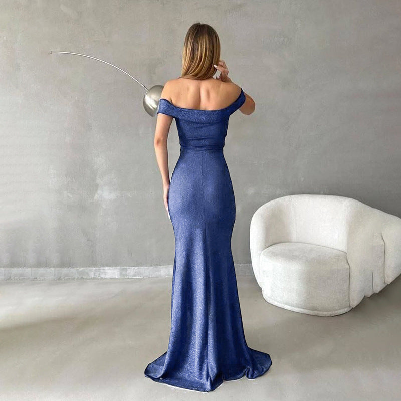 Damen schulterfreies Maxikleid mit elegantem Schlitz und glitzerndem Stoff EB