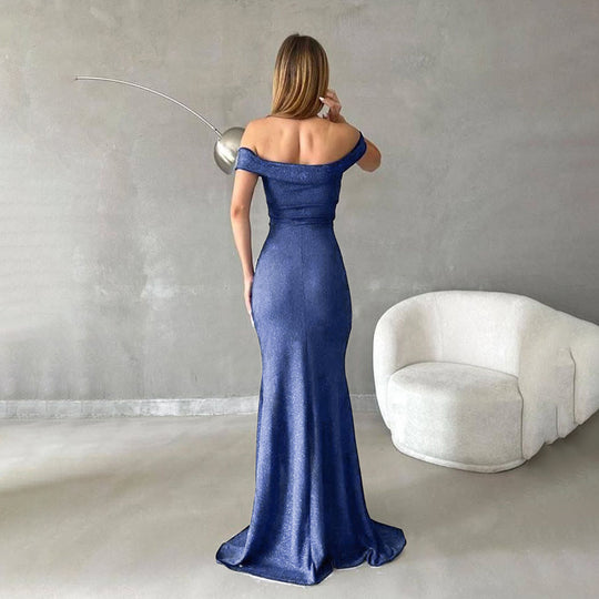 Damen schulterfreies Maxikleid mit elegantem Schlitz und glitzerndem Stoff EB