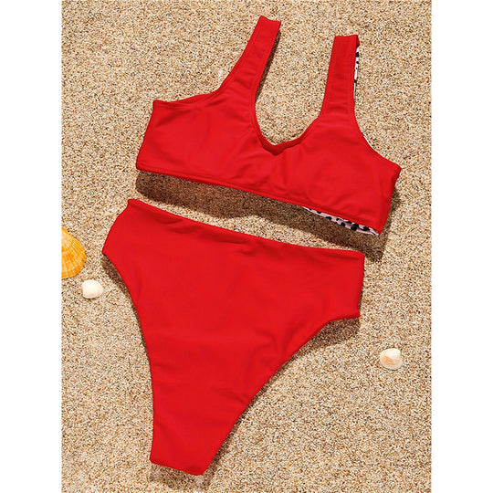 Damen Buntes Bikini mit asymmetrischem Schnitt und hoher Taille EB