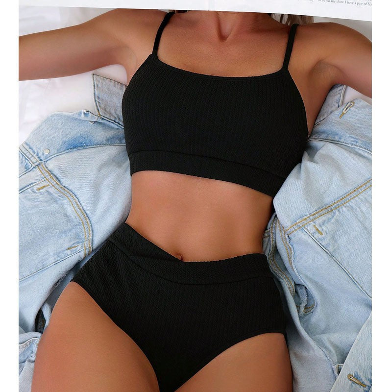 Damen High-Waist Bikini Set mit sportlichem Crop-Top und Rippstruktur EB