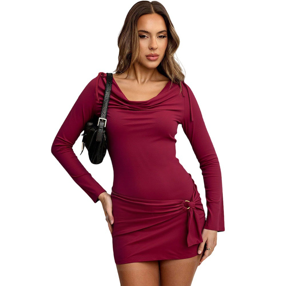 Damen figurbetontes Stretch-Minikleid mit Wasserfallkragen, langen Ärmeln und seitlicher Knotendrapierung Eichborn Berlin