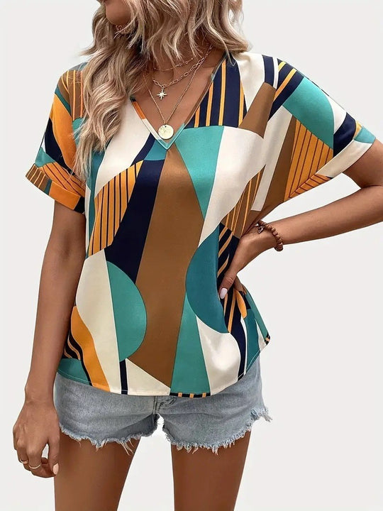 Damen V-Ausschnitt T-Shirt mit geometrischem Muster EB
