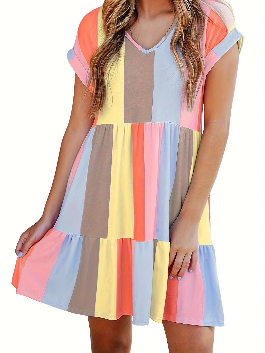 Damen lässiges Sommerkleid im modernen Streifendesign mit V-Ausschnitt und Volant EB