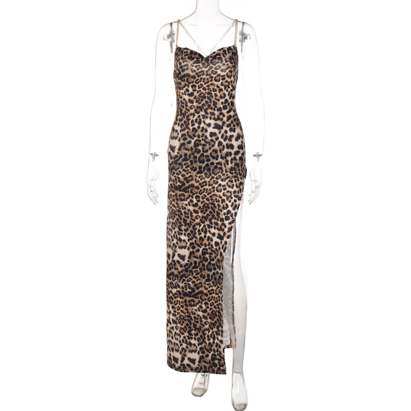 Damen Maxikleid mit verführerischem Leopardenmuster und tiefem Schlitz EB