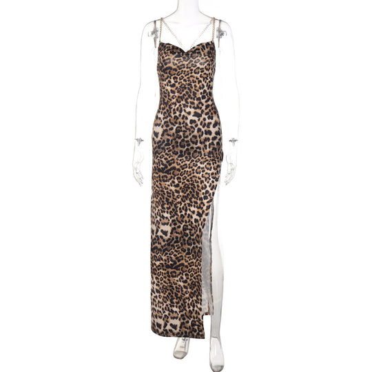 Damen Maxikleid mit verführerischem Leopardenmuster und tiefem Schlitz EB