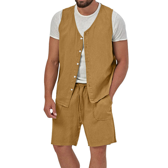 Herren nan zweiteiliges Freizeit-Set mit ärmelloser Knopfweste und weiten Kordelzug-Shorts mit aufgesetzten Taschen EB