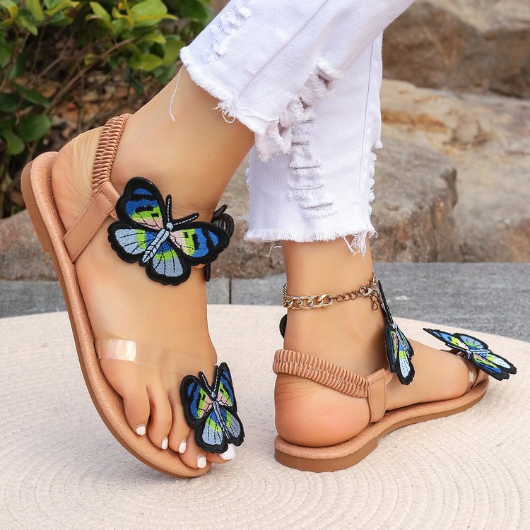 Damen Zehentrenner-Sandalen mit buntem Schmetterlingsdesign und komfortablem Fußbett EB