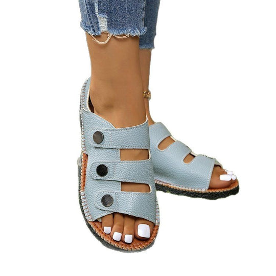 Damen Komfortable Riemchen-Sandalen mit moderner Knopf-Applikation EB