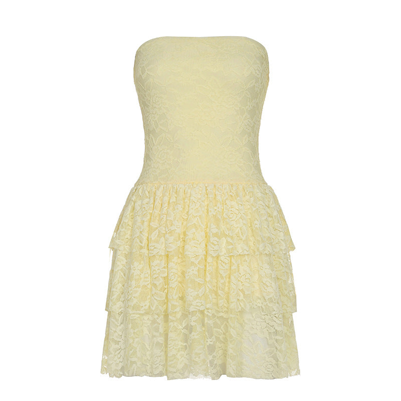 Damen Spitzenkleid mit voluminösem Rock und trägerlosem Design EB