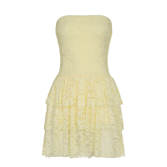 Damen Spitzenkleid mit voluminösem Rock und trägerlosem Design EB