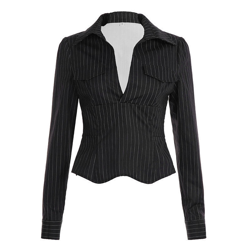 Damen nan tailliertes Langarmshirt mit Twist‑V‑Ausschnitt, Hemdkragen und Nadelstreifen-Optik EB