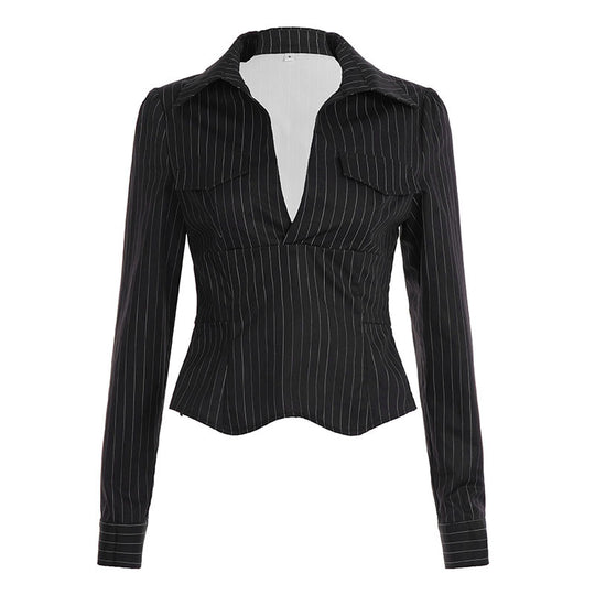 Damen nan tailliertes Langarmshirt mit Twist‑V‑Ausschnitt, Hemdkragen und Nadelstreifen-Optik EB