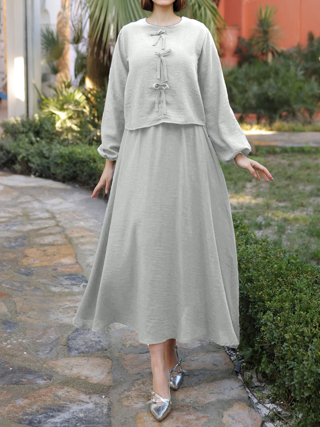 Damen Langes Zweiteiliges Maxikleid mit Überwurf, Rundhals und Zierknoten EB
