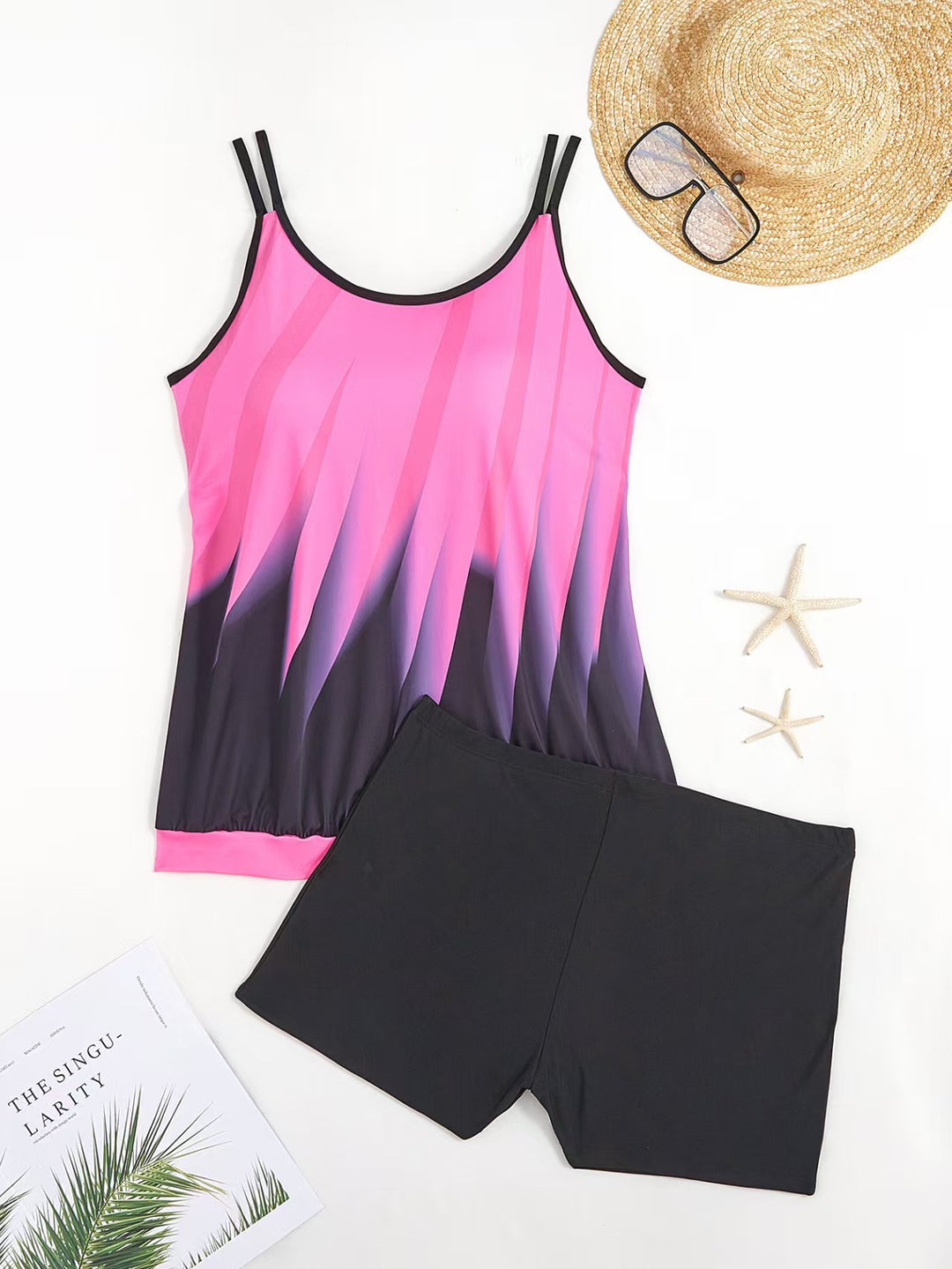 Damen Sportliches Tankini-Set mit farbenfrohem Oberteil und bequemen Shorts EB