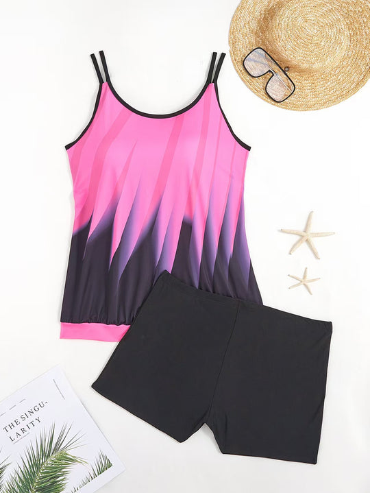 Damen Sportliches Tankini-Set mit farbenfrohem Oberteil und bequemen Shorts EB