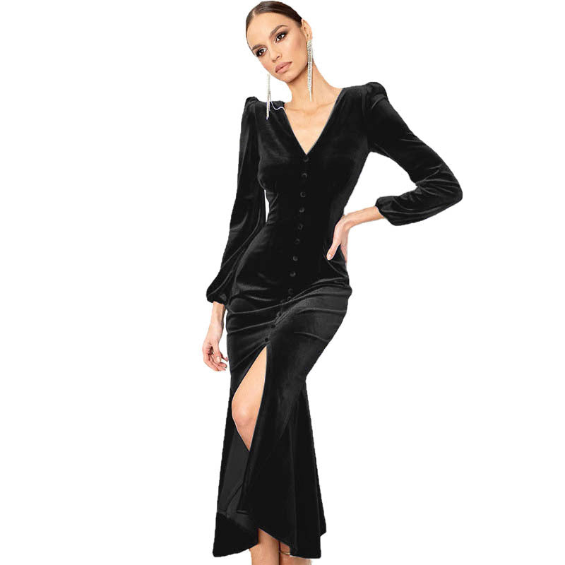 Damen Samt Maxikleid mit tiefem V-Ausschnitt und Knopfdetails EB