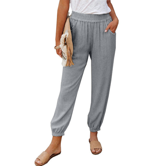 Damen lässige Leinen-Hose mit elastischem Bund und Gummizug EB