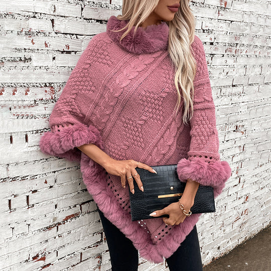 Damen kuscheliger Strickponcho mit samtigem Fellbesatz EB