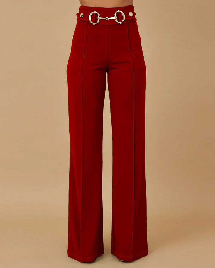 Damen weite Hochtaillenhose mit dekorativem Gürtel und eleganter Nahtführung EB