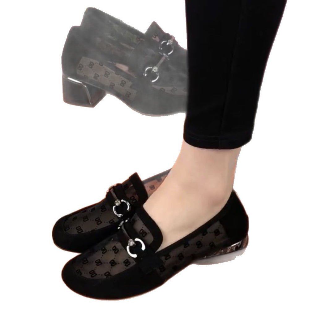 Damen elegante Halbschuhe mit transparenter Spitze und Blockabsatz EB