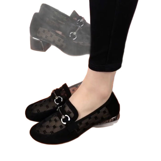 Damen elegante Halbschuhe mit transparenter Spitze und Blockabsatz EB