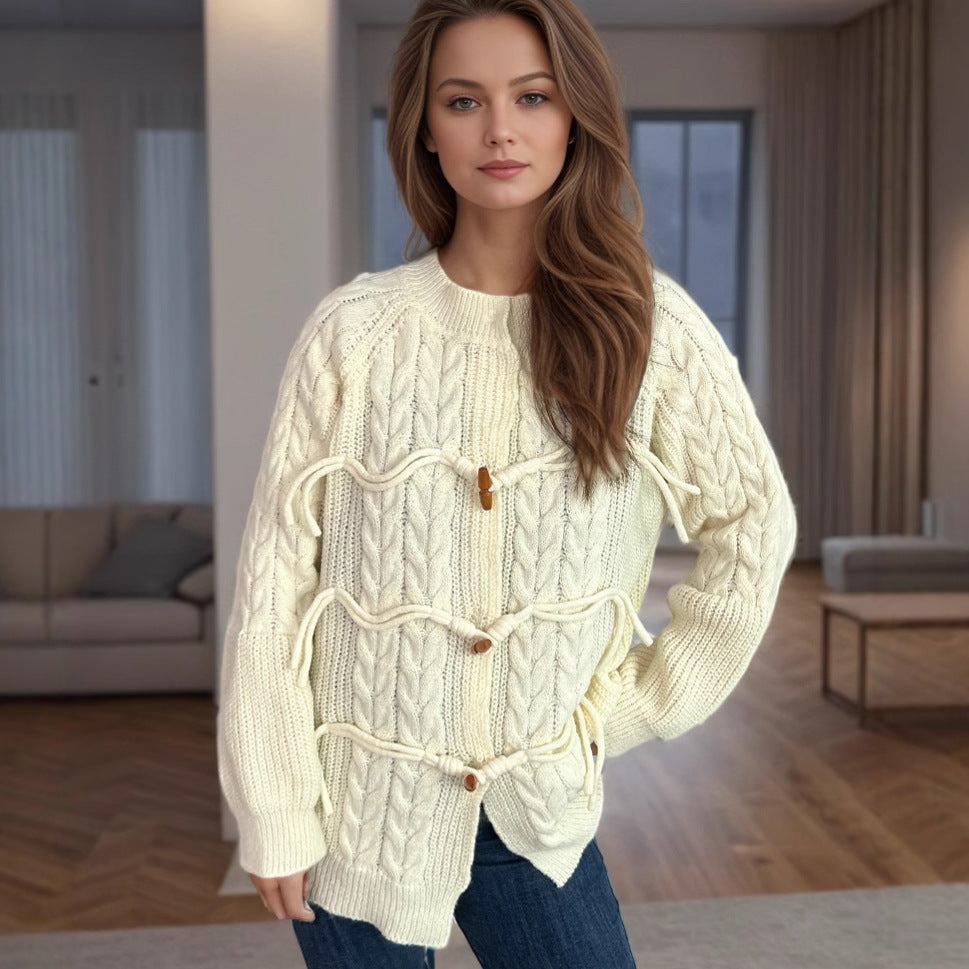 Damen Strickjacke mit innovativem Bindeband und Knopfdetails EB